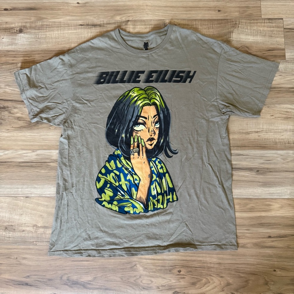 Billie Eilish 2021 Unisex Tan Cotton T-Shirt Green and Blue Animated Graphic